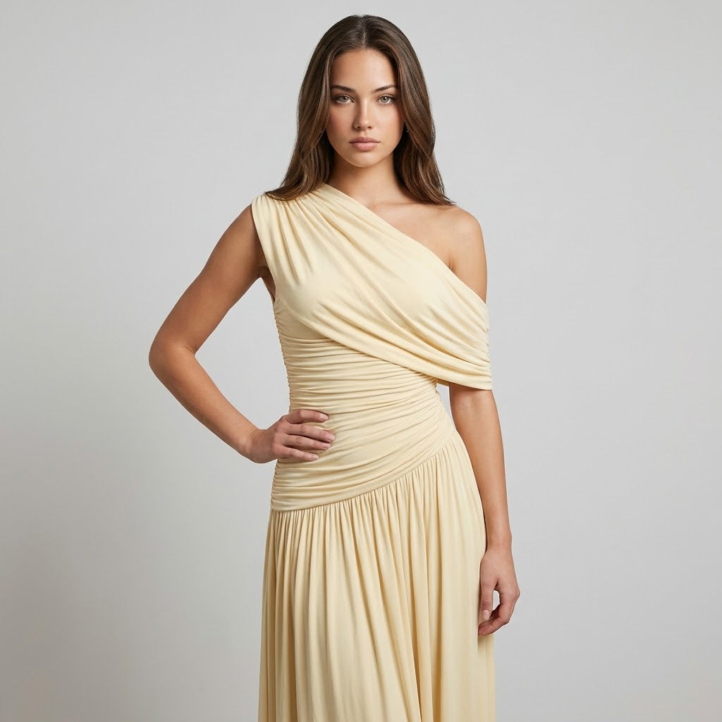 One-Shoulder Ruched Maxi Occasion Dress – Lifestyle Shot