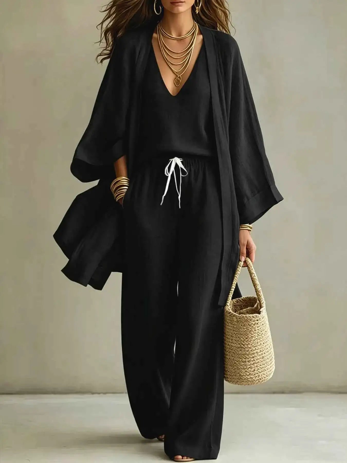 V-Neck Top & Cardigan & Pants Three-Piece Set
