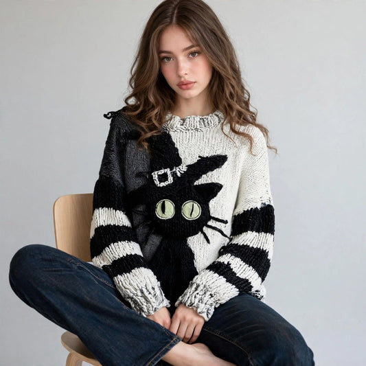 Seated model in a black and white color block knit sweater with cat face design and striped sleeves, jeans, white background.