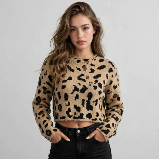 Woman in a tan leopard-print fuzzy knit cropped sweater with black spots and black jeans, hands in pockets, gray studio.