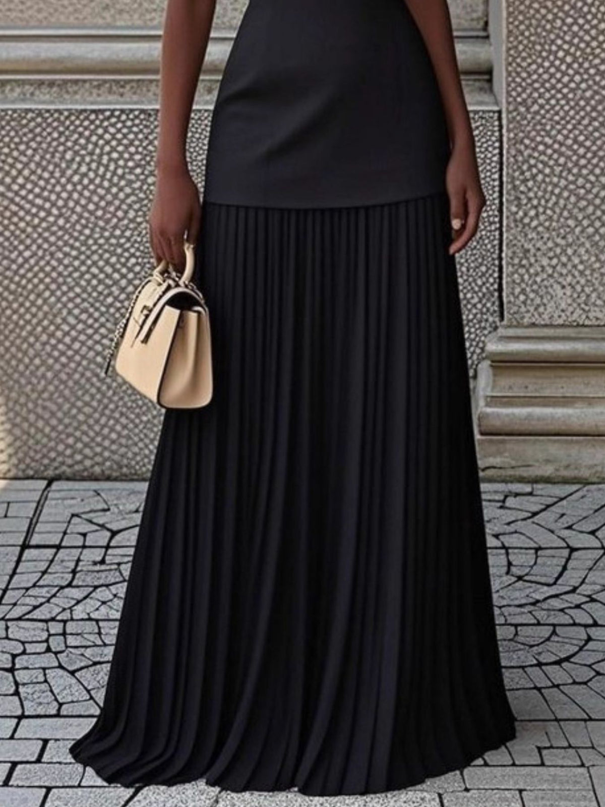 White Sleeveless Pleated Maxi Dress in Black – Color Option | Celina Studio