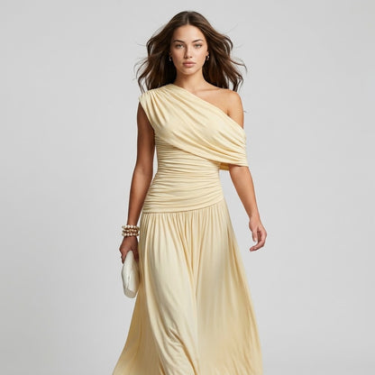 One-Shoulder Ruched Maxi Occasion Dress – Front View | Celina Studio