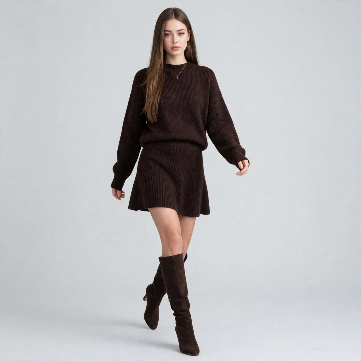 Woman in a dark brown knit sweater and matching mini skirt set with brown knee-high boots, gray studio background.