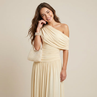 One-Shoulder Ruched Maxi Occasion Dress – Back View | Celina Studio
