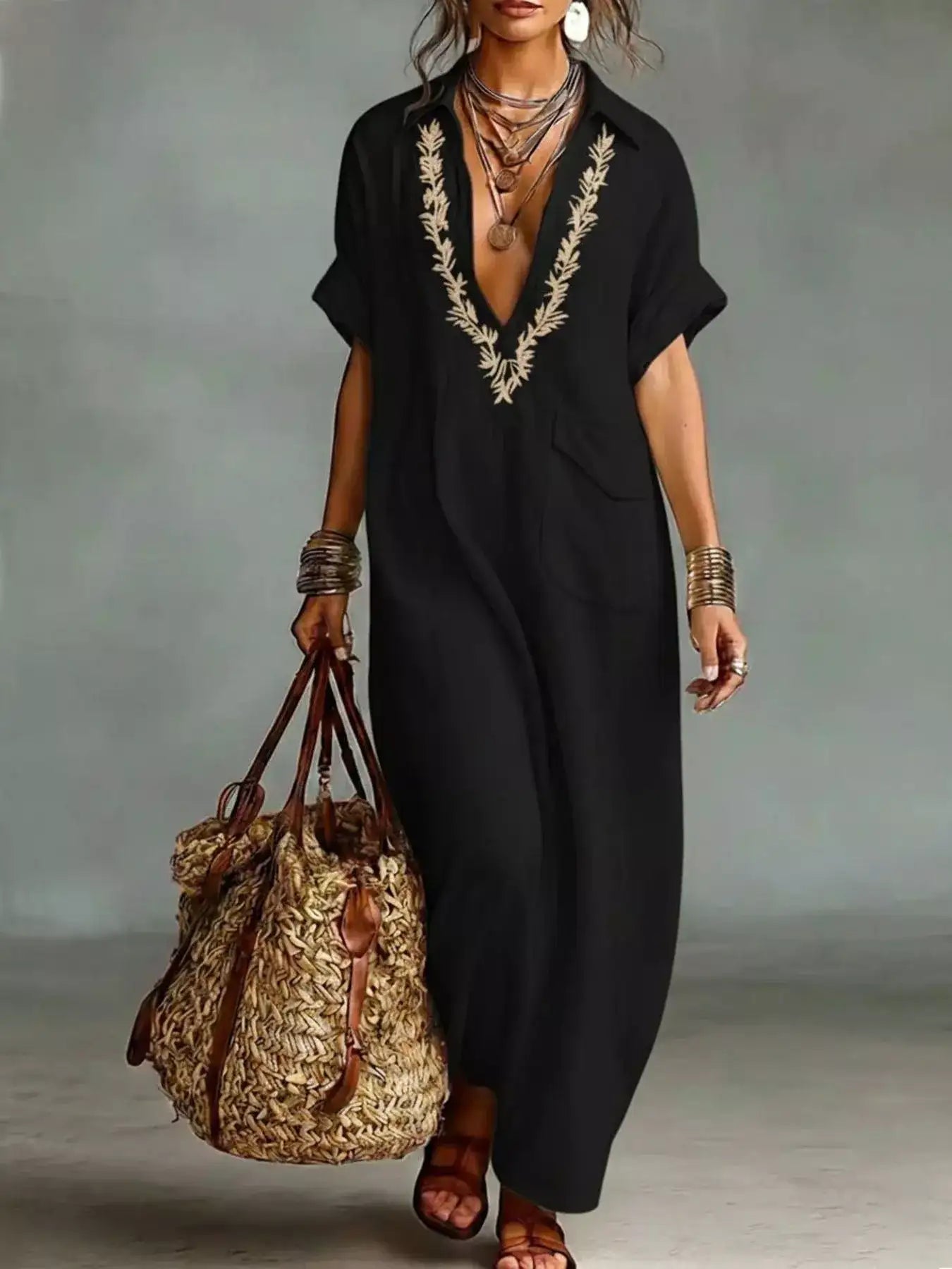 Bohemian Embroidered Maxi Dress – Embroidery Detail