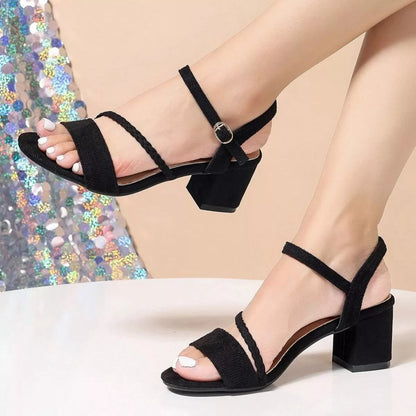 Black Open-Toe Mid-Heel Block Sandals – Side View | Celina Studio