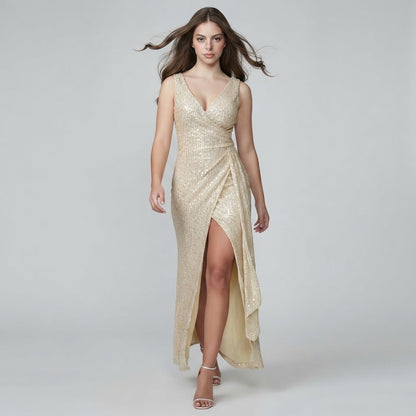 Slit Sequin Surplice Sleeveless Maxi Dress