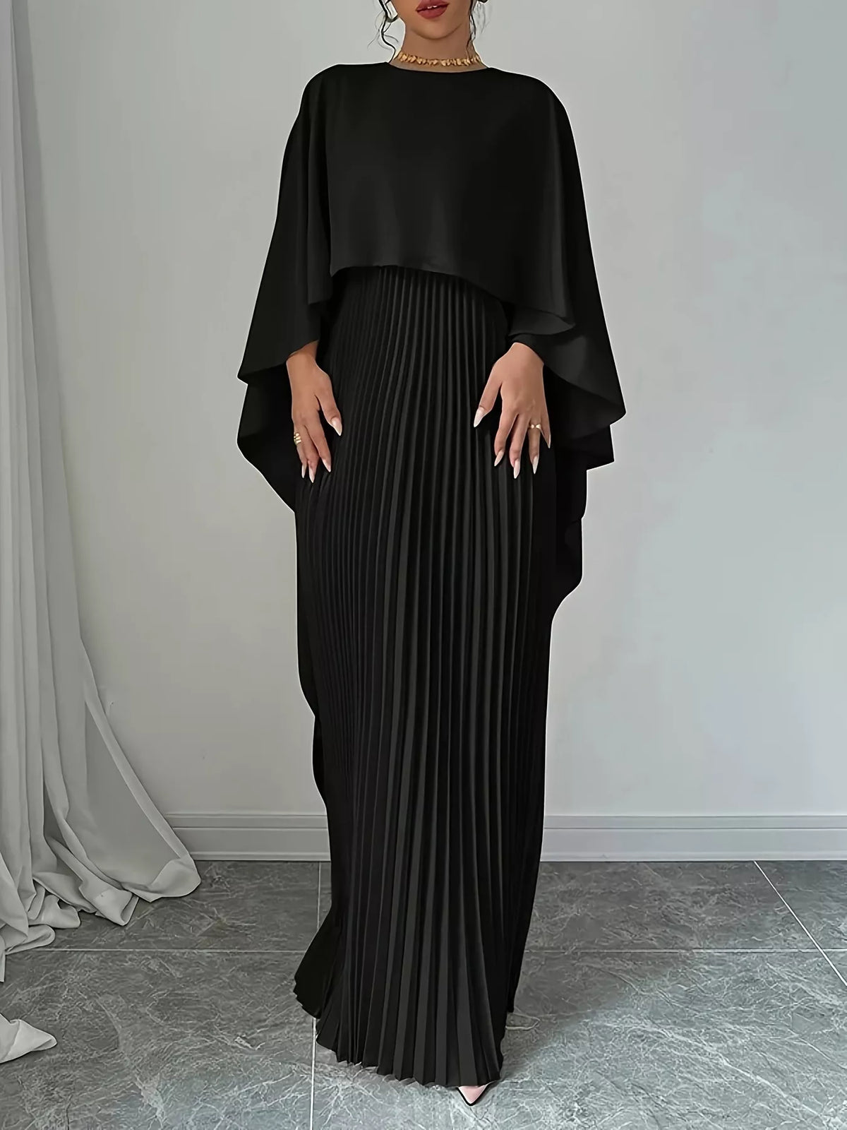 Pleated Cape Maxi Dress – Full Length Flow View | Celina Studio