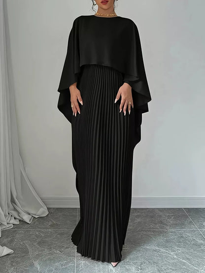 Pleated Cape Maxi Dress – Full Length Flow View | Celina Studio