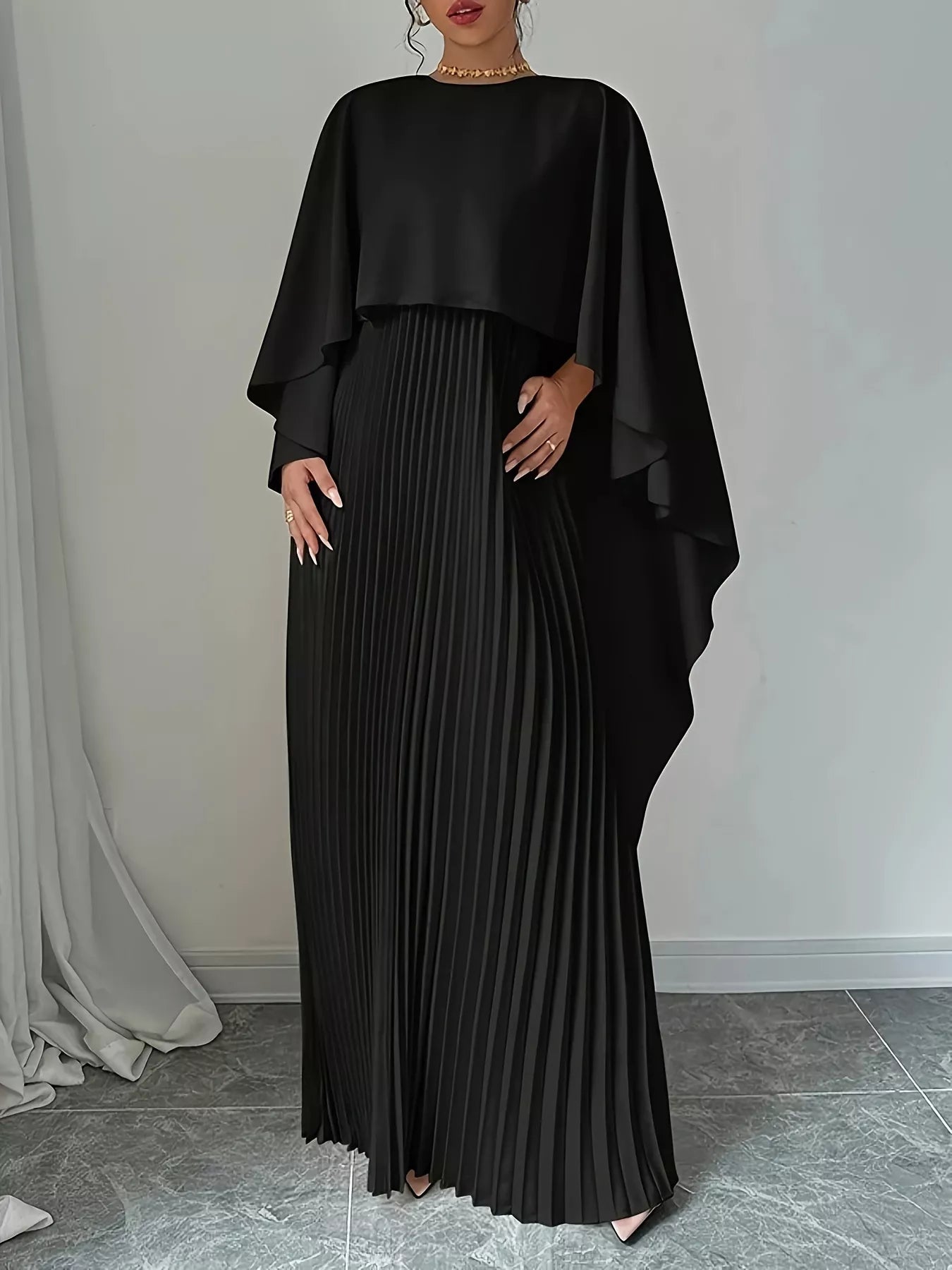 Pleated Cape Maxi Dress – Pleated Fabric Detail | Celina Studio