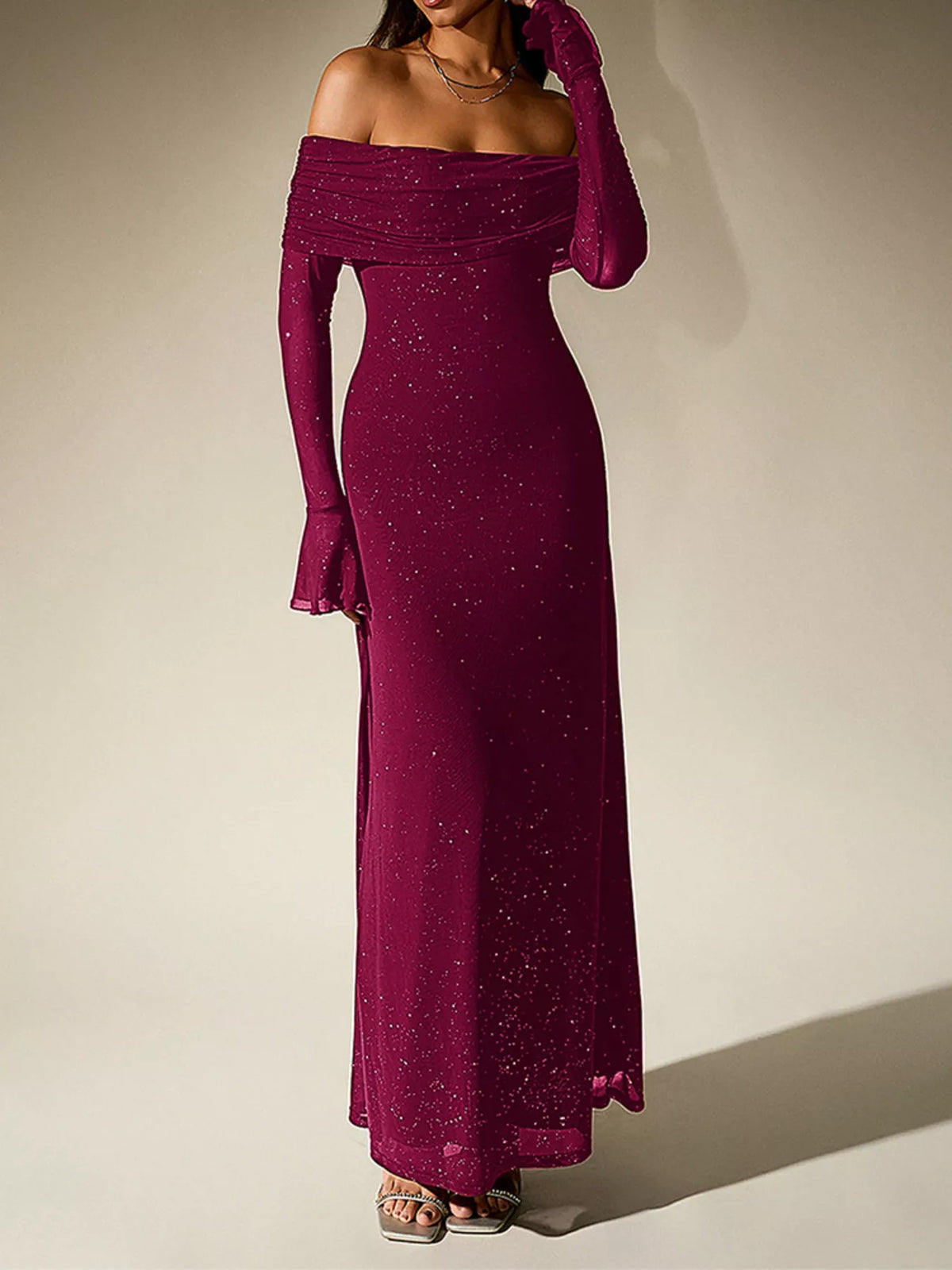 Glitter Off-Shoulder Maxi Dress – Additional Product Image 12 | Celina Studio