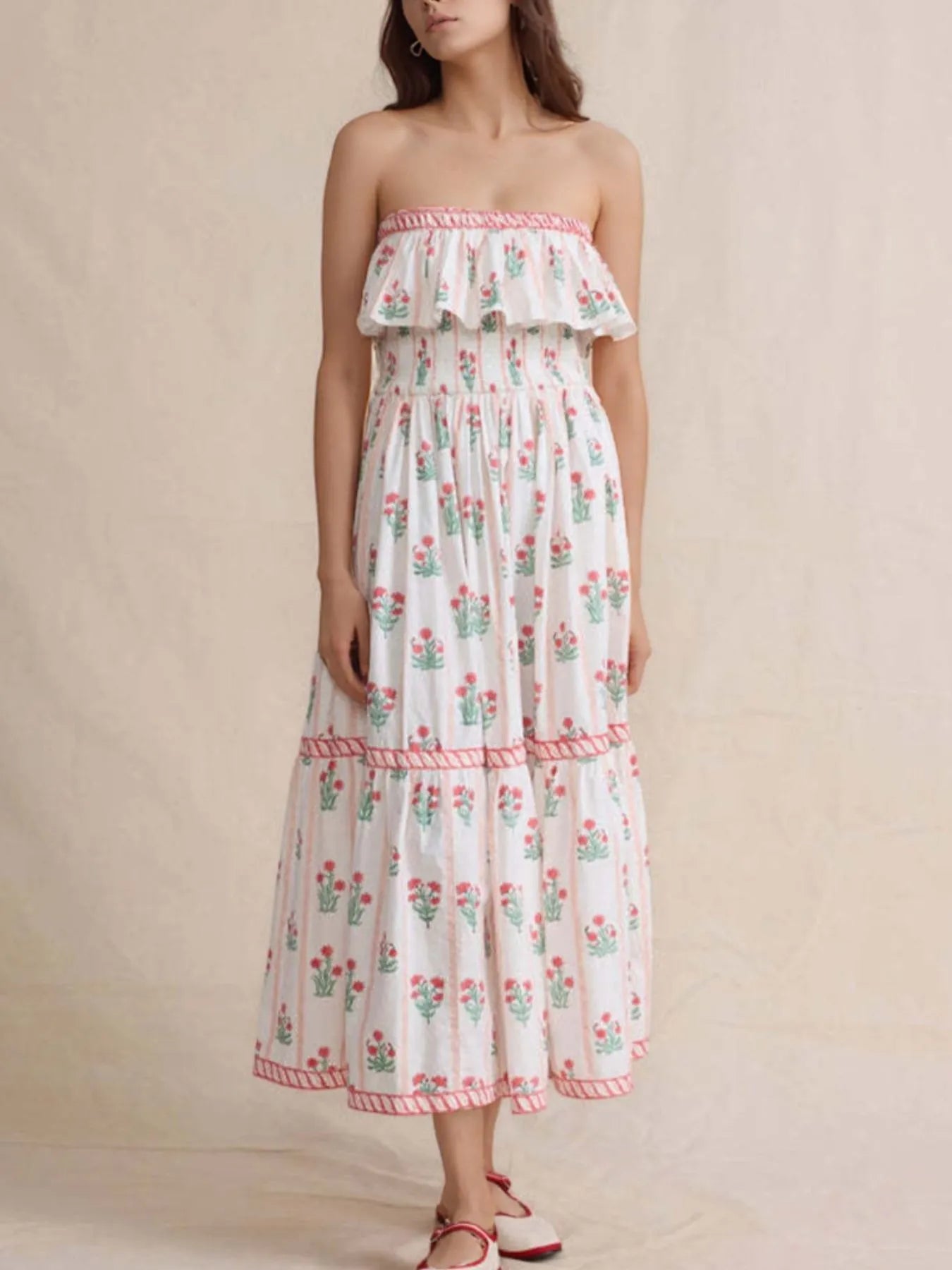 Celina Studio Floral Strapless Ruffle Dress – Ruffle and Strapless Neckline Detail