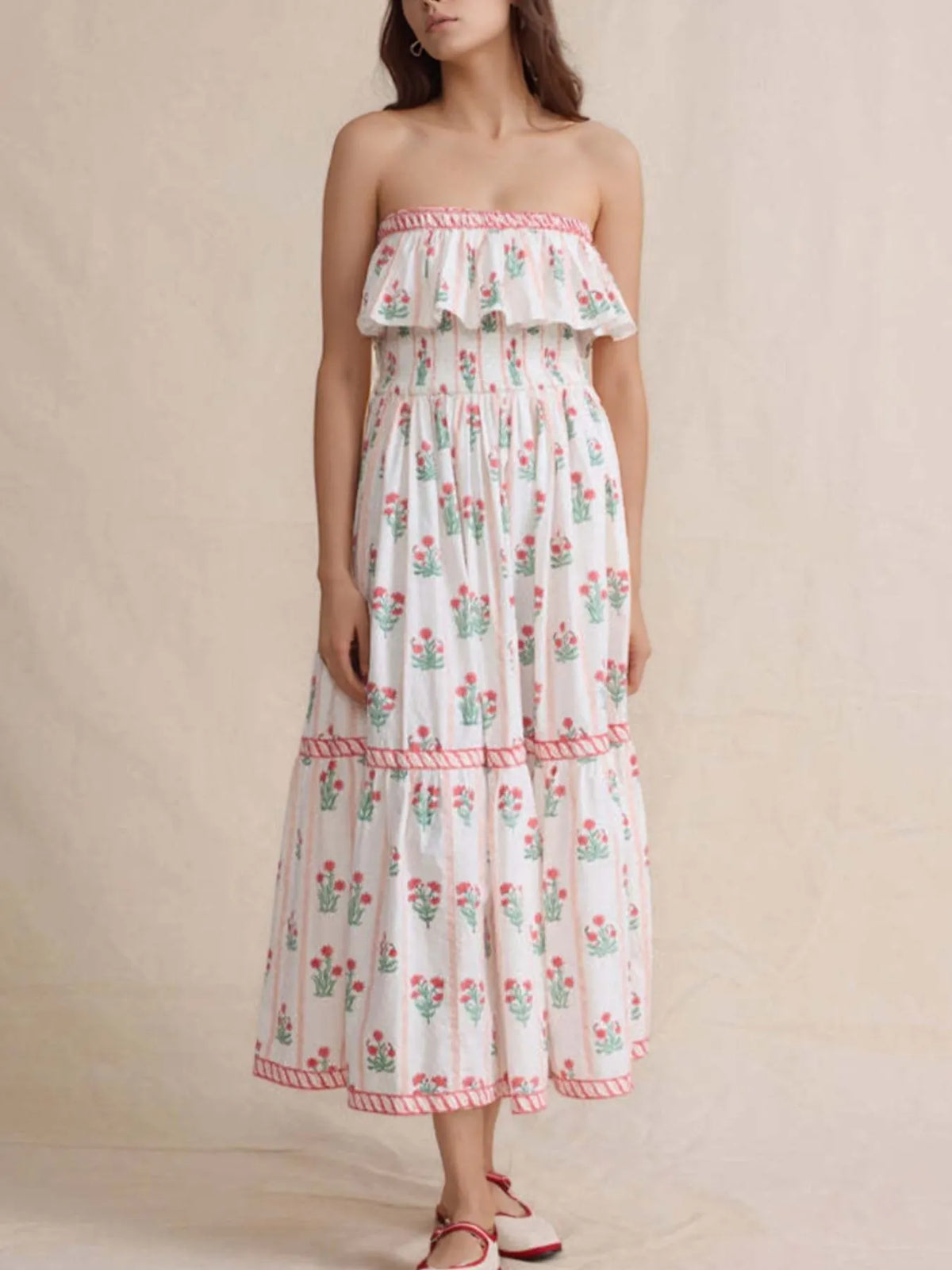 Celina Studio Floral Strapless Ruffle Dress – Ruffle and Strapless Neckline Detail