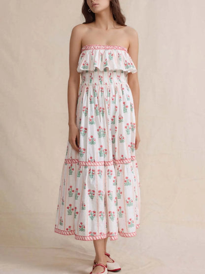 Celina Studio Floral Strapless Ruffle Dress – Ruffle and Strapless Neckline Detail