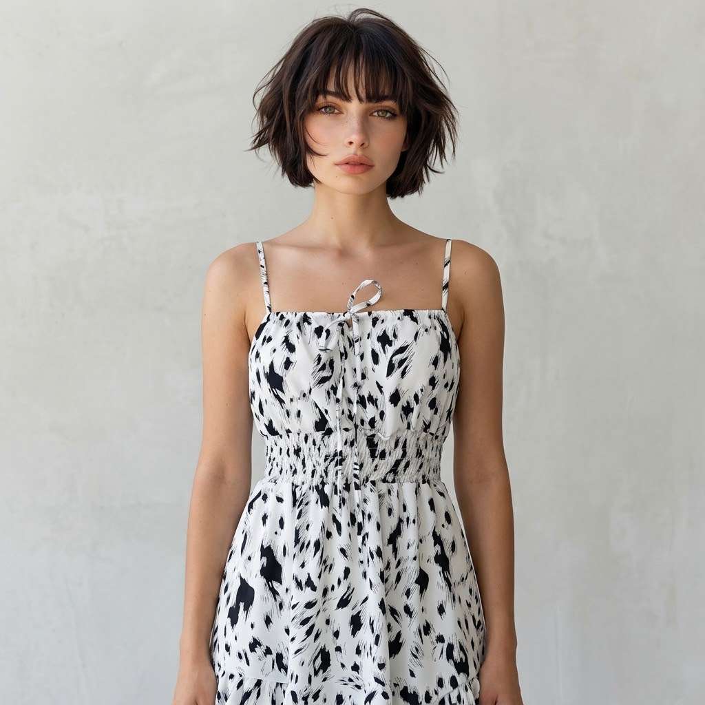 Abstract Print Spaghetti Strap Ruffle Hem Mini Dress – Front View