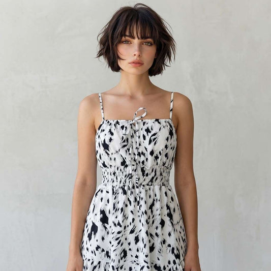 Abstract Print Spaghetti Strap Ruffle Hem Mini Dress – Front View