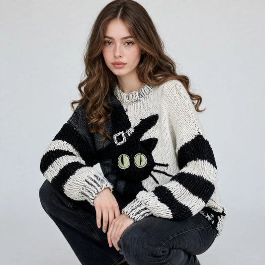 Crouching model in a black and white cat face color block knit sweater with striped sleeves, white studio background.
