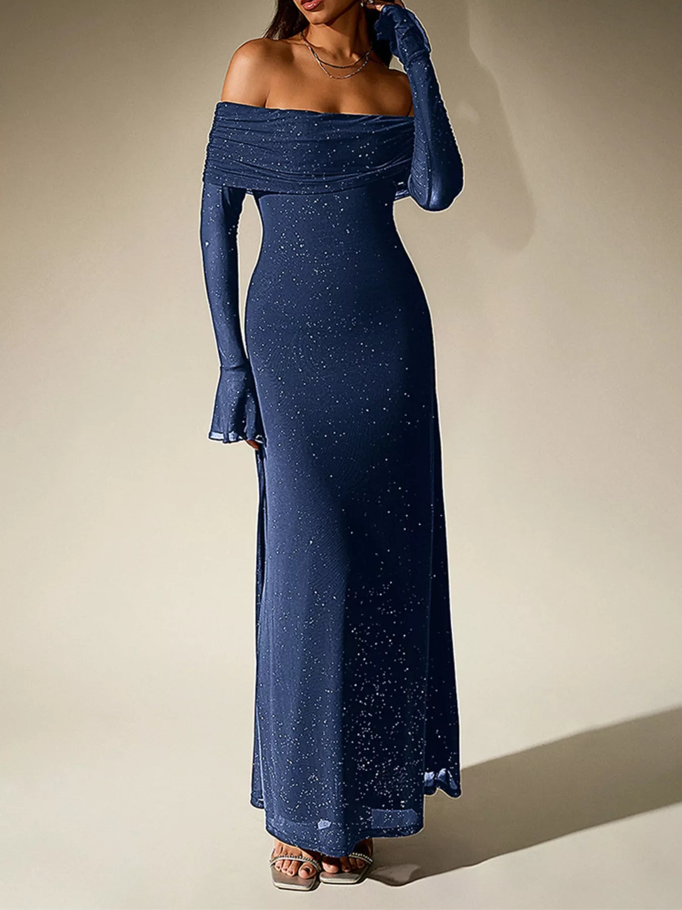 Glitter Off-Shoulder Maxi Dress – Additional Product Image 1 | Celina Studio