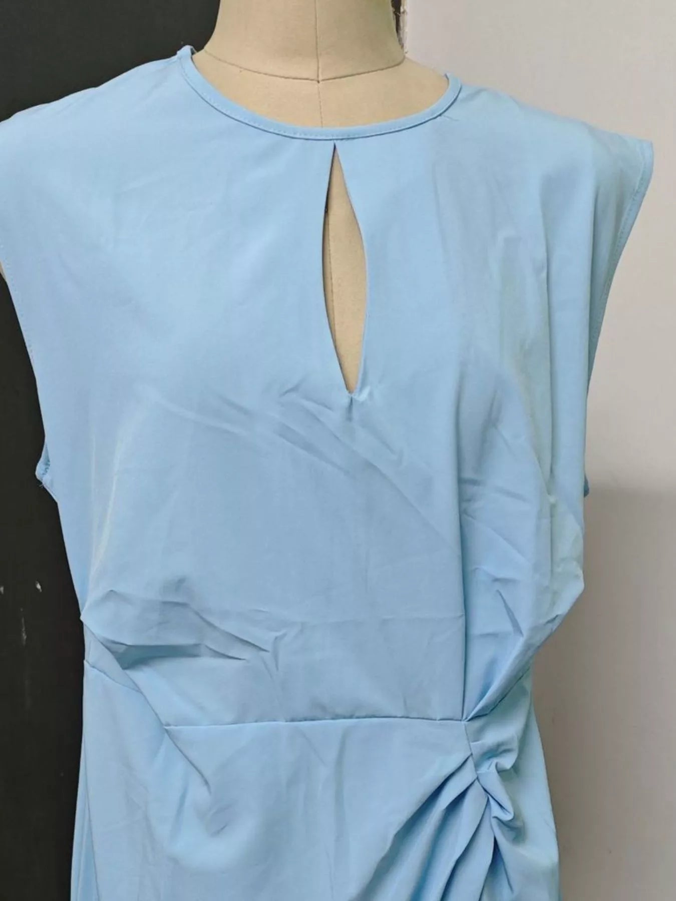Ruched-Waist Sleeveless Dress in Pastel Blue – Back View | Celina Studio