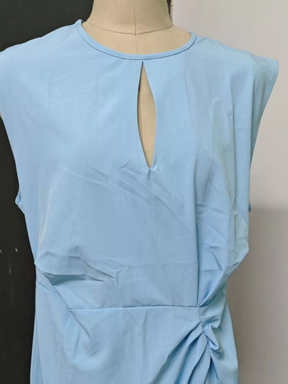 Ruched-Waist Sleeveless Dress in Pastel Blue – Back View | Celina Studio