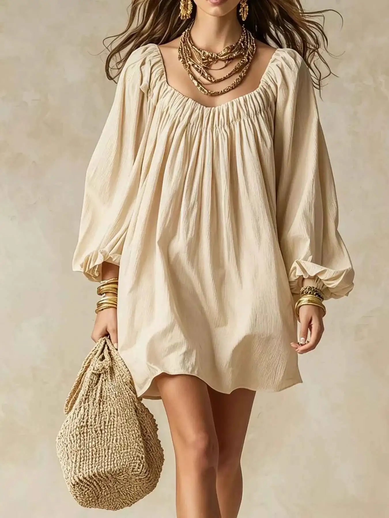 Flowy Balloon Sleeve Mini Dress