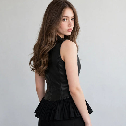 Back view of a black sleeveless vest coat with peplum ruffle hem on a model with long wavy hair, gray studio backdrop.