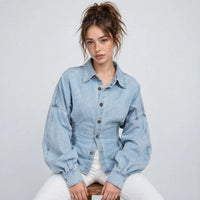 Button Down Lace-Up Side Denim Jacket