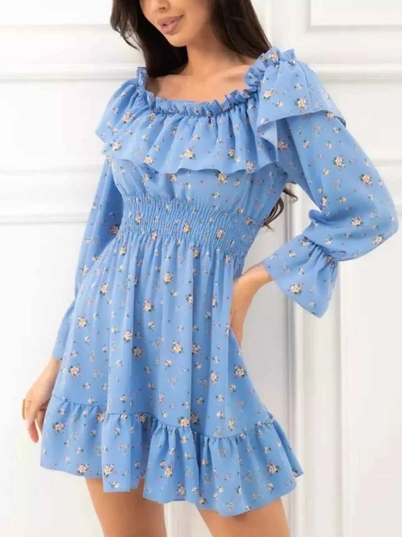 Off-Shoulder Floral Print Ruffle Dress