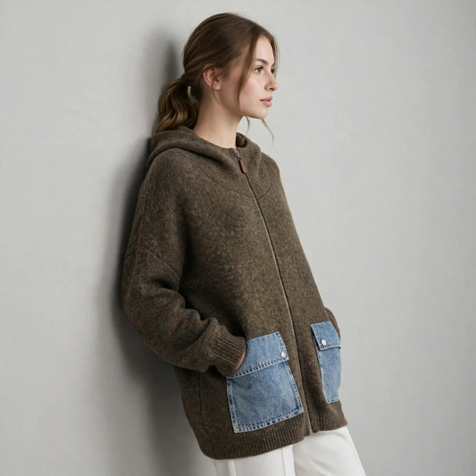 Side view of a woman with hands in pockets wearing an olive-brown hooded knit cardigan with denim pockets.