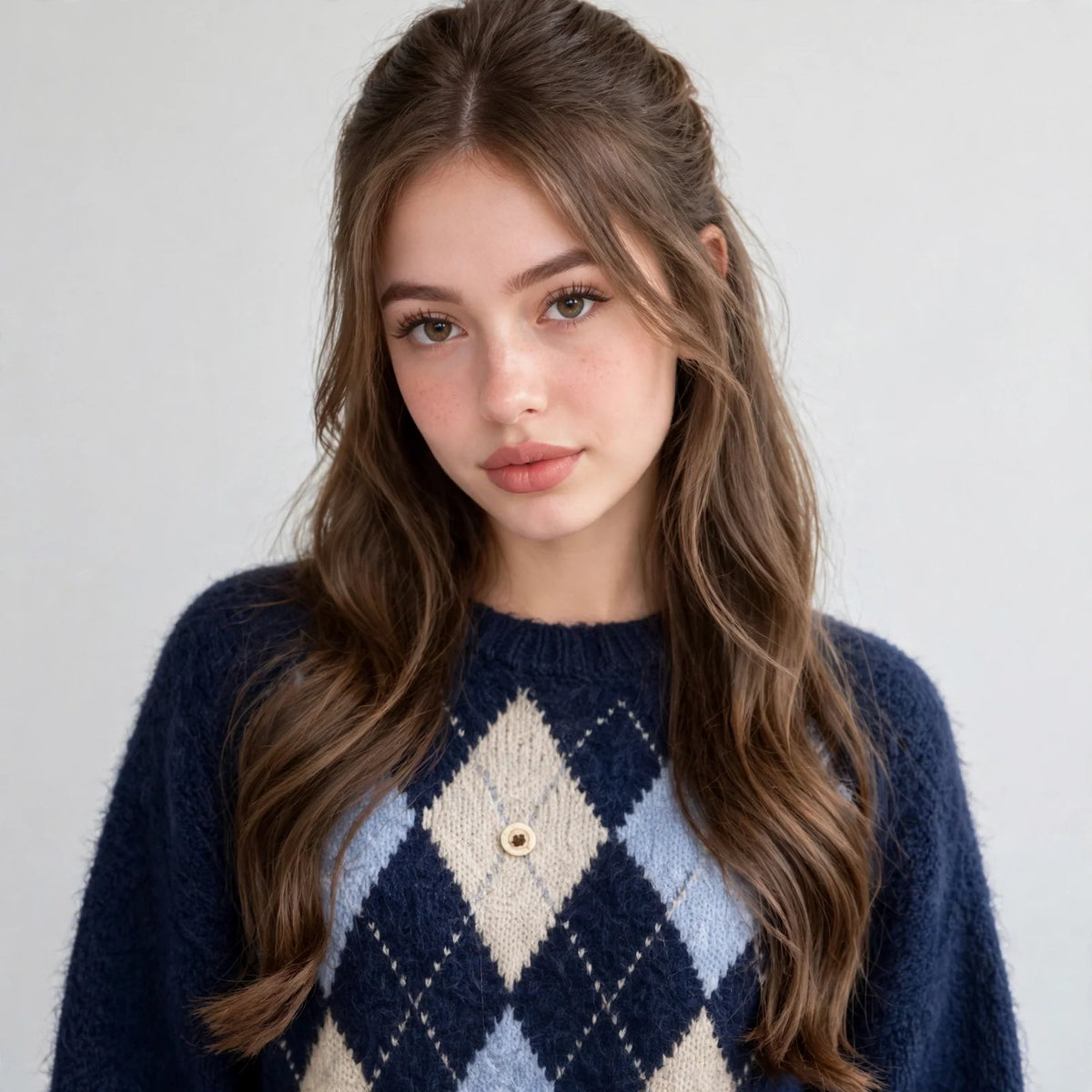 Close-up of a navy argyle sweater bodice with cream and light blue diamonds and raglan sleeves, white studio backdrop.