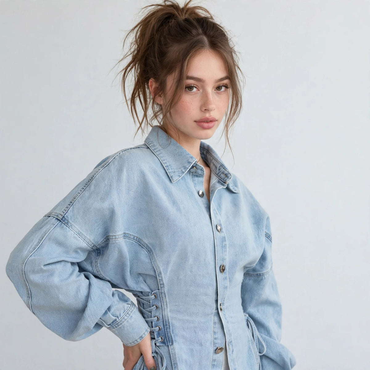 Woman with hand on hip wearing a light-wash button-down denim jacket with lace-up sides, white studio background.
