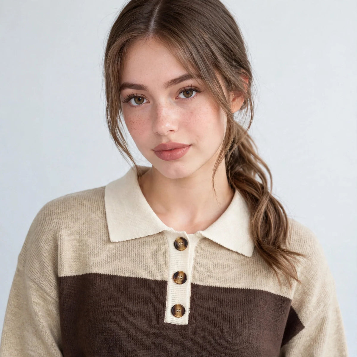 Close-up of woman in beige and brown color-block knit sweater, polo collar, front buttons, light studio backdrop.