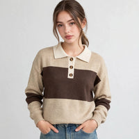 Color Block Polo Collar Sweater