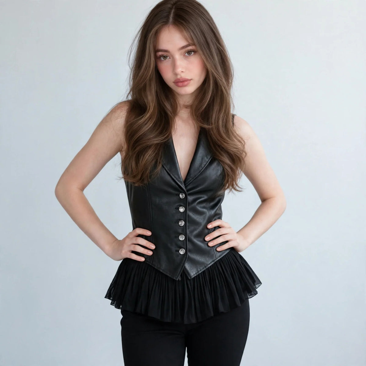 Front view of a black sleeveless vest coat with button front and peplum hem, model with hands on hips, gray studio.