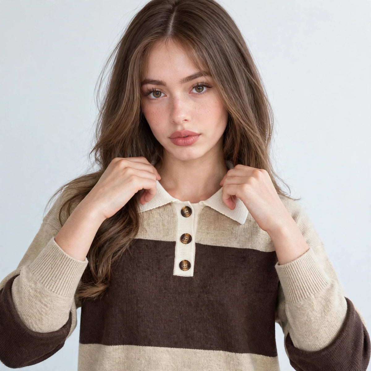 Front close-up of woman, hands at collar of beige and brown color-block polo sweater, button placket, light backdrop.