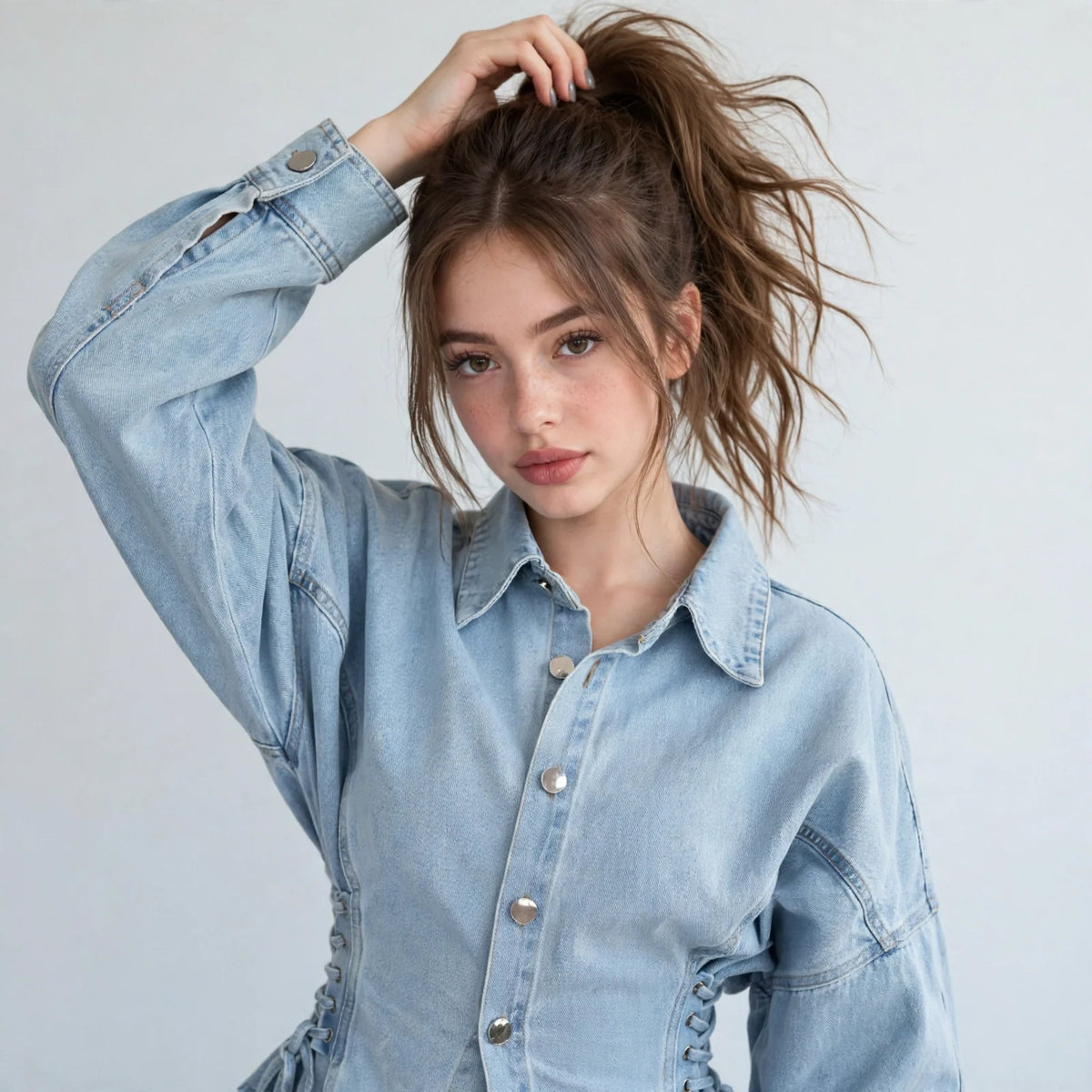 Woman with hand in hair in a light-wash denim jacket with button front and lace-up side details, white studio background.
