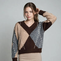 Argyle Pattern V-Neck Oversized Sweater