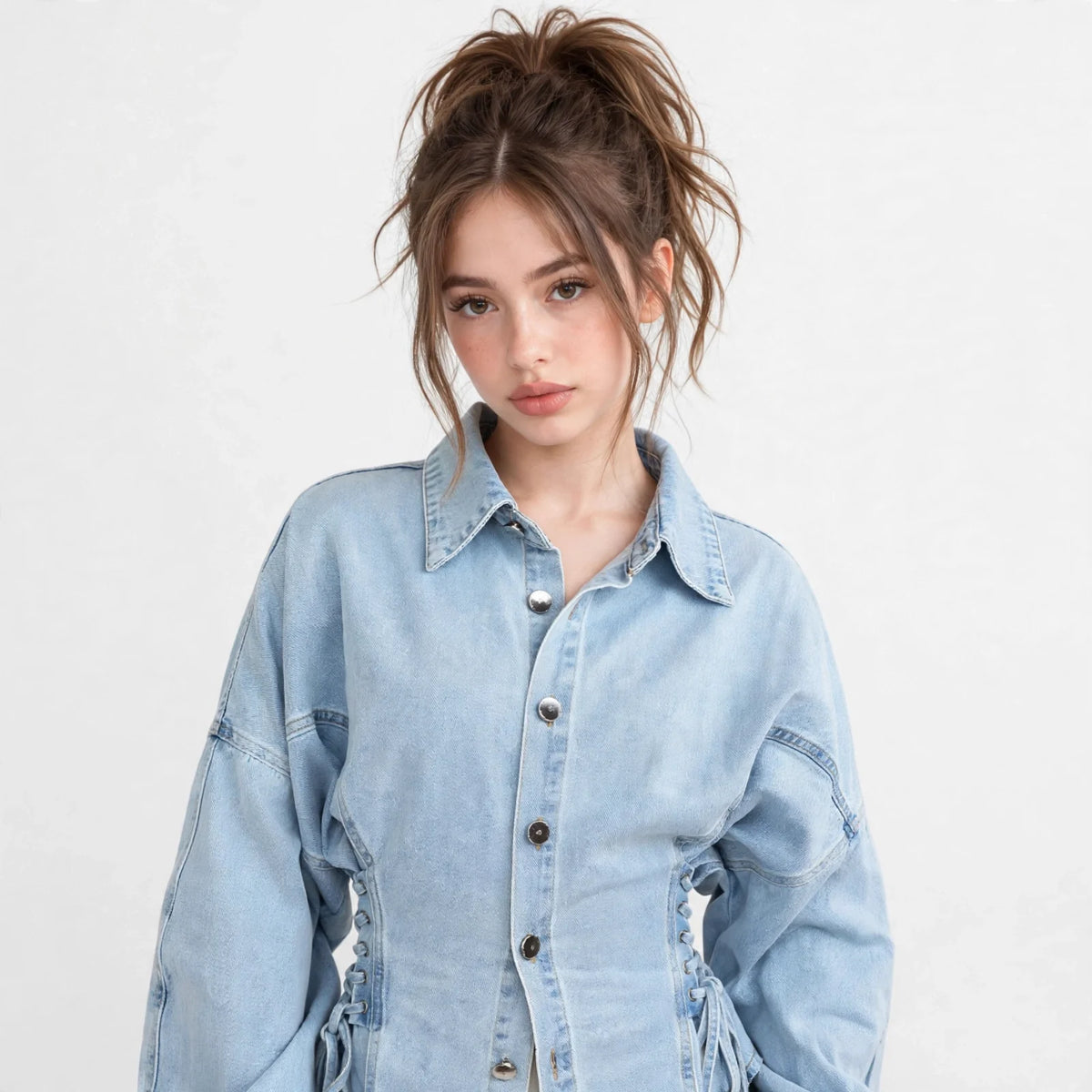 Woman wearing a light-wash button-down denim jacket with lace-up sides and balloon sleeves, white studio background.