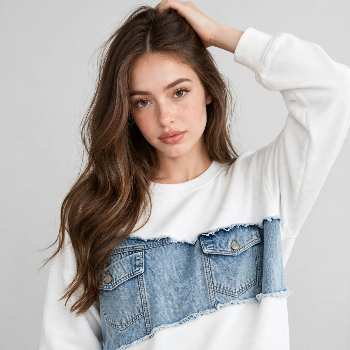 Close-up of a woman with a hand in her hair wearing a white sweatshirt with a frayed denim patchwork yoke, gray background.
