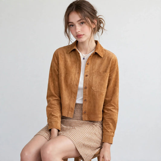Woman seated wearing a camel cropped faux suede button-down jacket over a white top and checkered skirt, gray background.