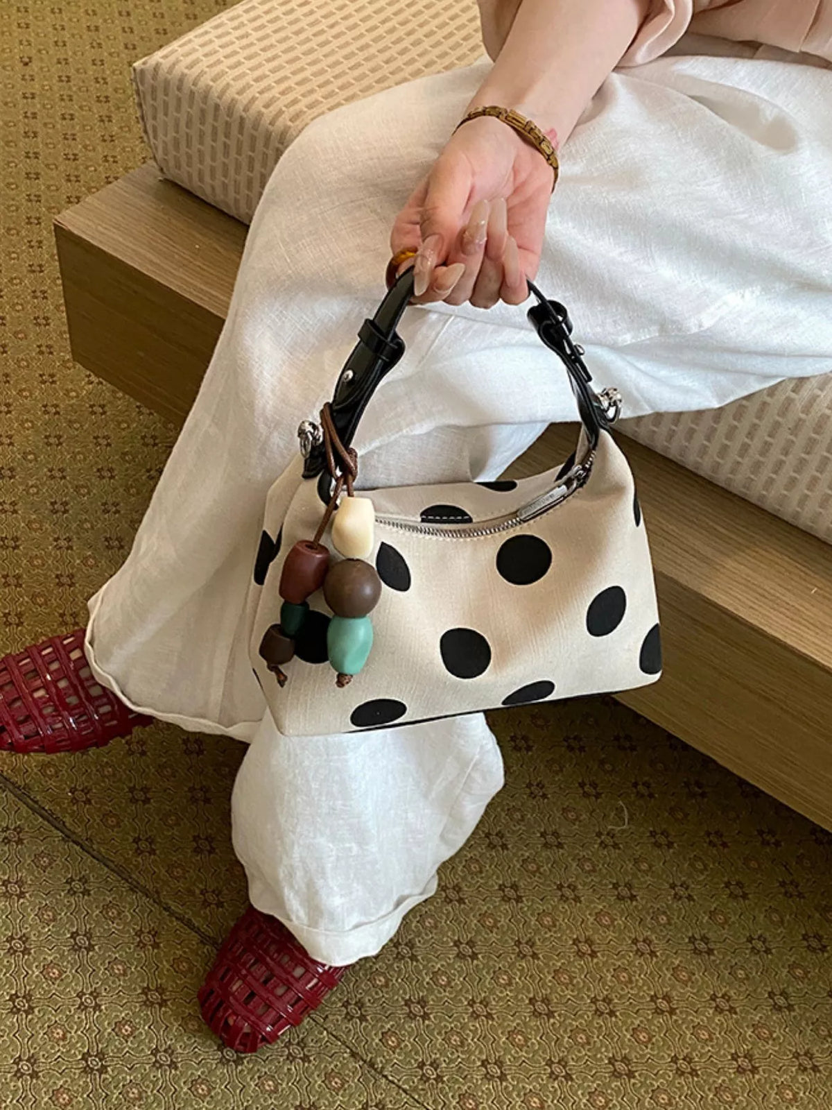 White Polka-Dot PU Leather Handbag – Back View | Celina Studio