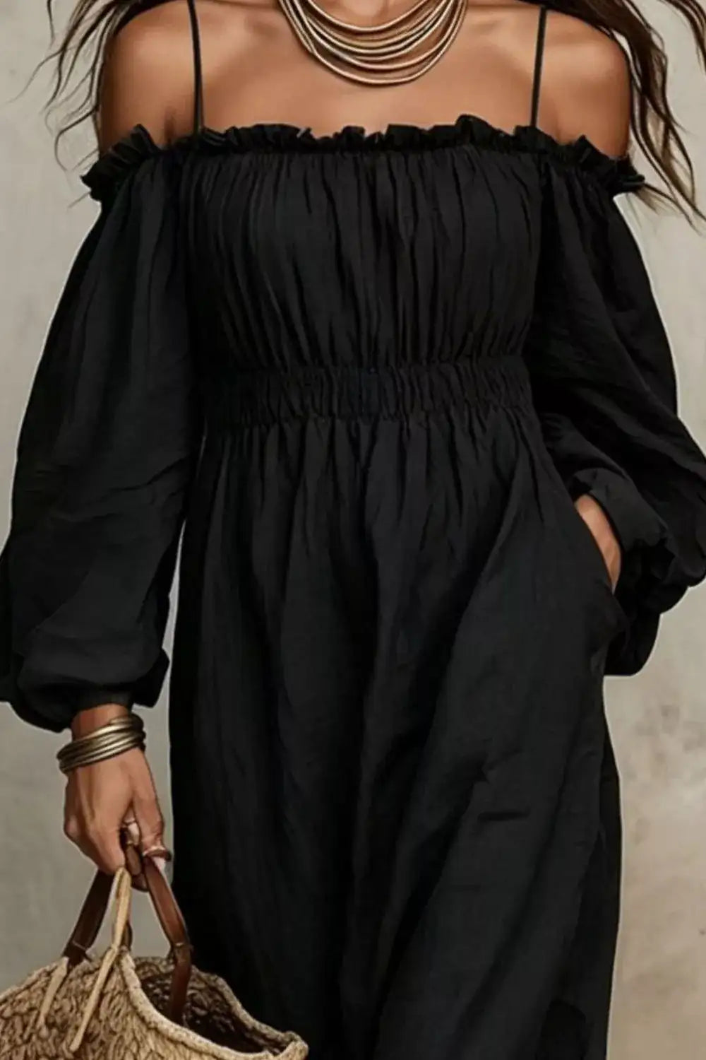 Spaghetti Strap Balloon Sleeve Dress – Full Length View
