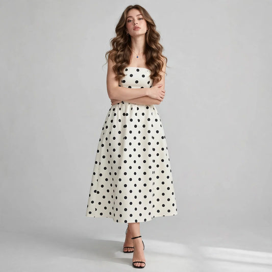 Model in white polka dot strapless midi dress with black dot print, smocked bodice and full skirt, front view, studio shot.