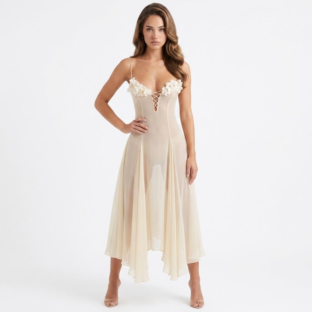 Yellow Floral-Embellished Spaghetti-Strap Dress – Back View | Celina Studio