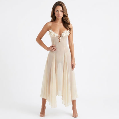 Yellow Floral-Embellished Spaghetti-Strap Dress – Back View | Celina Studio