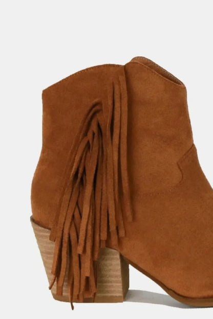 Suede Fringe Point Toe Ankle Boots – Back View | Celina Studio