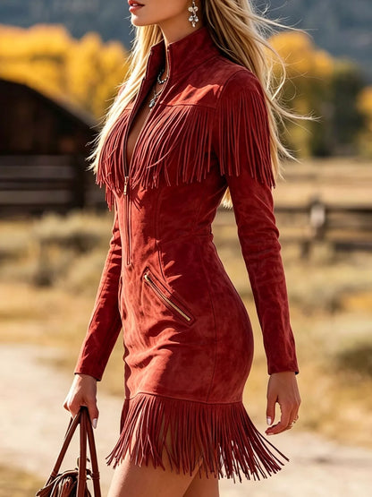 Fringed Zip-Front Mini Dress with Pockets – Full Length View | Celina Studio