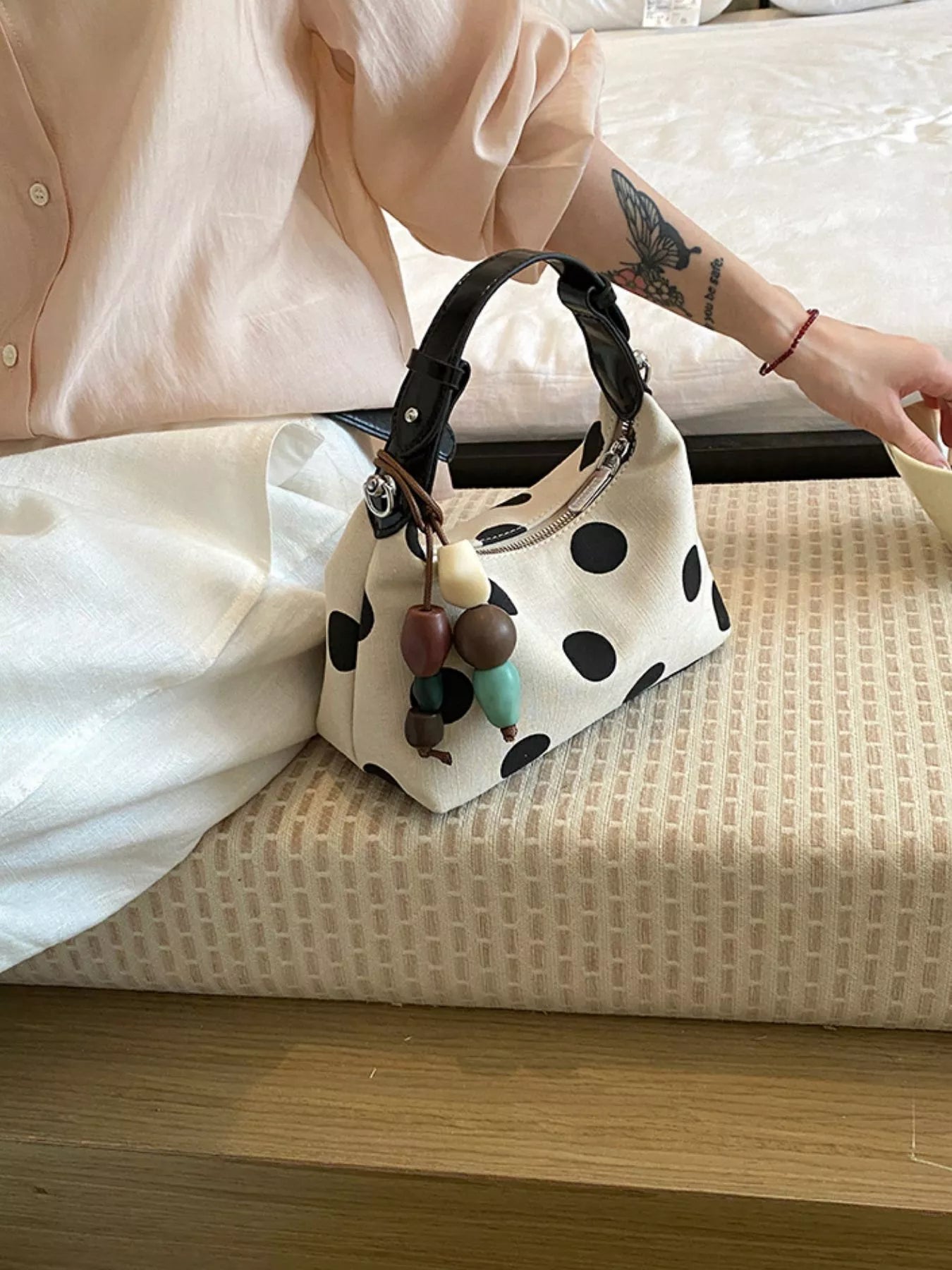 White Polka-Dot PU Leather Handbag – Front View | Celina Studio