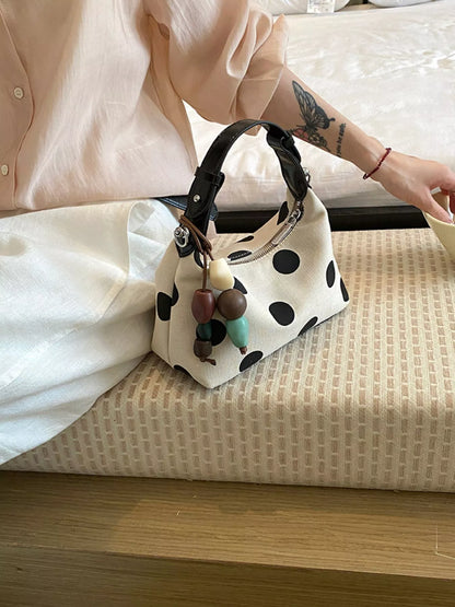 White Polka-Dot PU Leather Handbag – Front View | Celina Studio