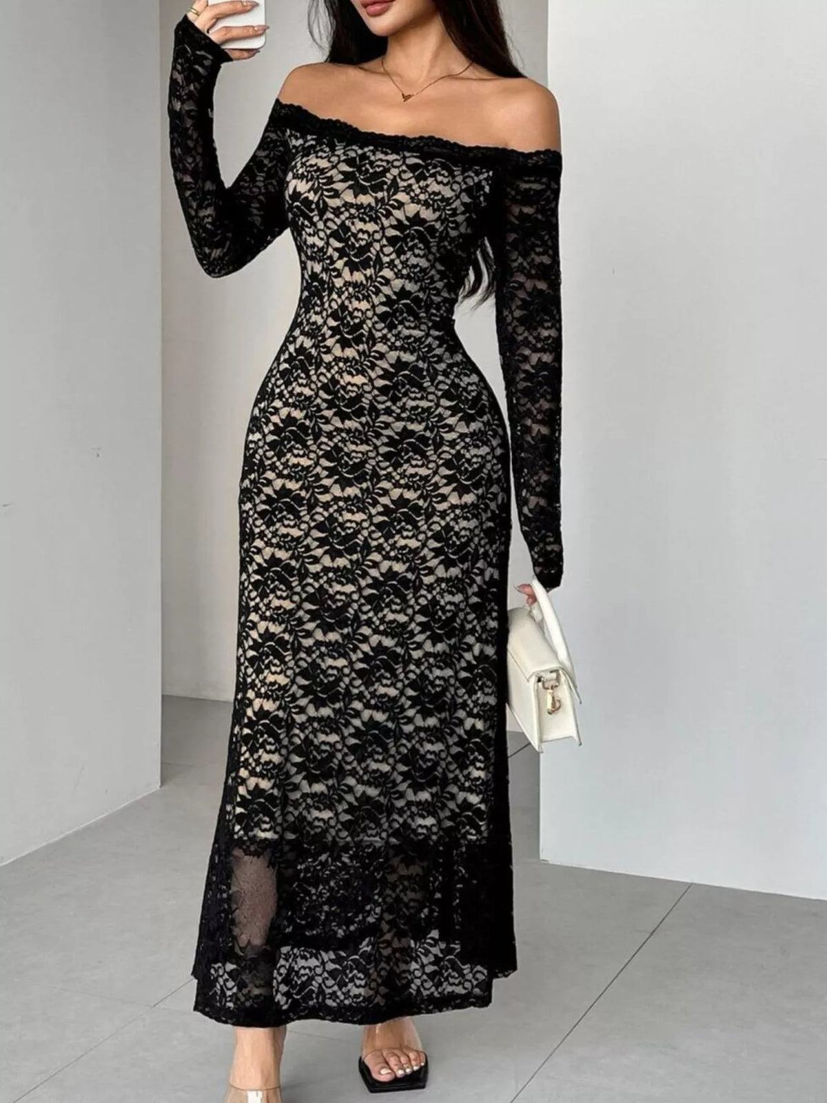 Off-Shoulder Lace Maxi Dress – Back View | Celina Studio